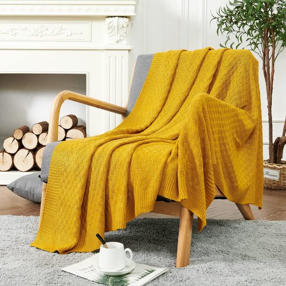 Waffle Knit Cable Knit Weave Square Pattern Decorative Bed Warm Accent Blanket - Picture 7 of 7